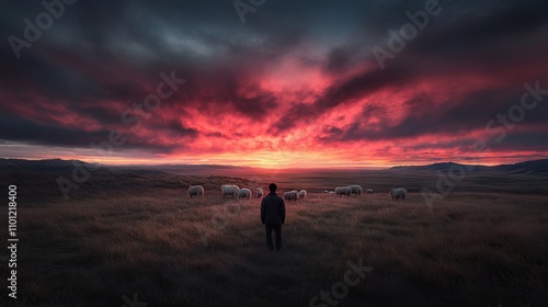 Silhouette of man watching dramatic sunset
