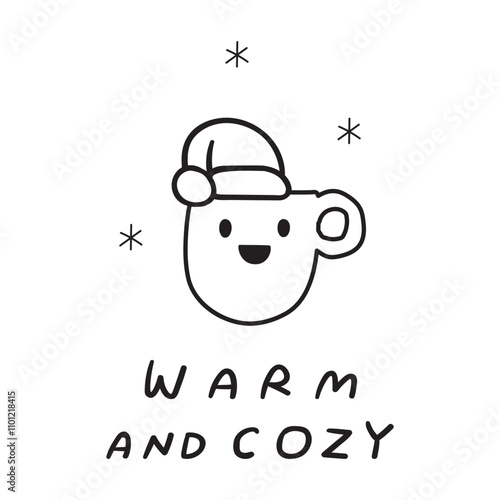 Phrase - warm and cozy. Cute cup of coffee with Santa's hat. Outline vector illustration on white background.