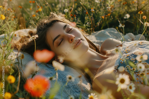 Woman lying on blanket, surrounded by wildflowers in field, eyes closed. Summer nature photo