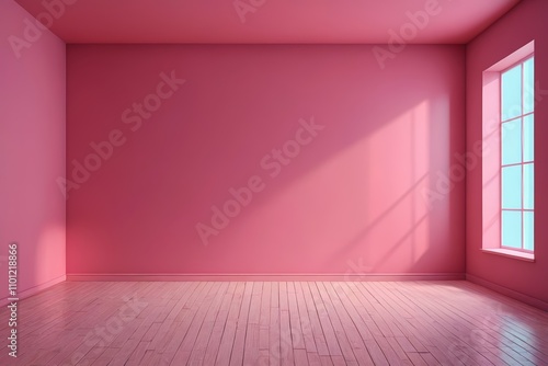 a close up of a room with a pink wall and a window