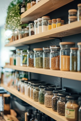 Wallpaper Mural Organized pantry, glass jars, dried goods, wooden shelves. Torontodigital.ca