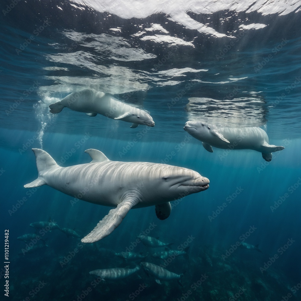 Fototapeta premium A beluga whale mother and calf swimming in an arctic, transparent sea.
