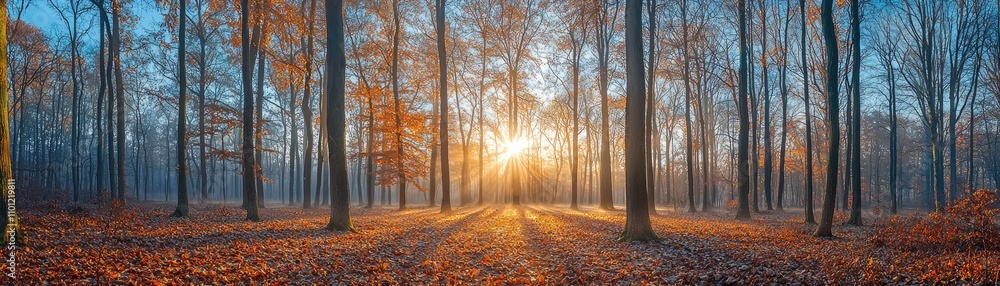 Fototapeta premium Stunning Autumn Forest Panorama with Sunlight Streaming Through Tall Trees and Colorful Foliage