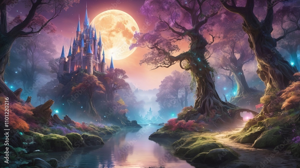 Fototapeta premium Fantasy art of a mysterious forest with towering ancient trees and glowing leaves creating a magical scene.