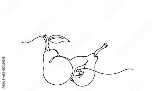 Single continuous line drawing of pear. pear with a leaf on a white background.Slices, whole and half fruits.