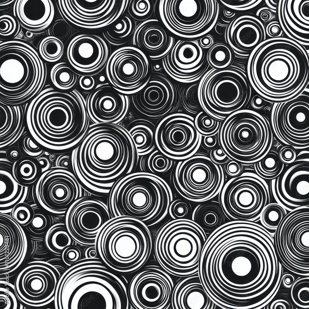 A captivating black and white abstract pattern featuring an array of concentric circles, creating a dynamic visual effect.