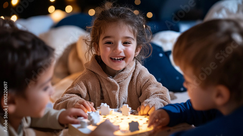 A group of children in cozy robes sitting around a low table, playing a board game together in a living room. photo