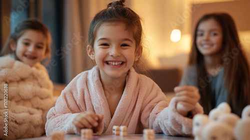 A group of children in cozy robes sitting around a low table, playing a board game together in a living room. photo