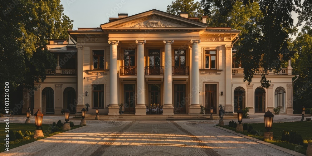 Obraz premium Elegant neoclassical villa with tall white pillars, grand double doors, and a semicircular driveway lined with lanterns. 