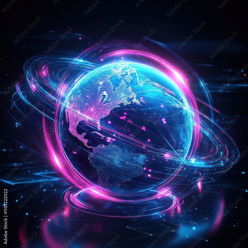 Obraz premium A stunning digital representation of Earth encircled by colorful energy rings, showcasing a futuristic atmosphere.