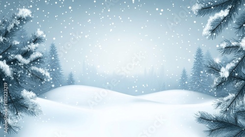 A snowy forest with a pine cone on the ground