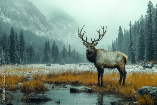 A deer stands in a field of tall grass near a body of water