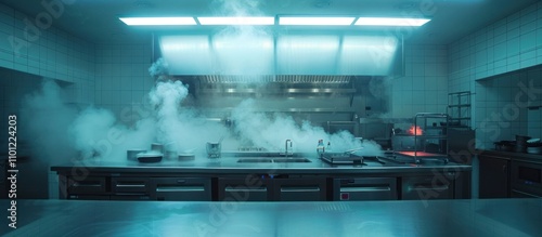 Blurry and Steamy Commercial Kitchen with Professional Cooking Equipment and Appliances in a Busy Restaurant Workspace  The image showcases the intense work environment of a commercial kitchen
