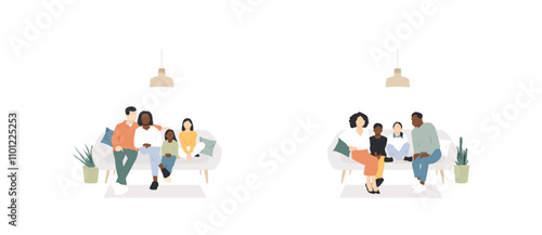 Set of two multicultural families. Mother and Father sitting on the couch with kids.