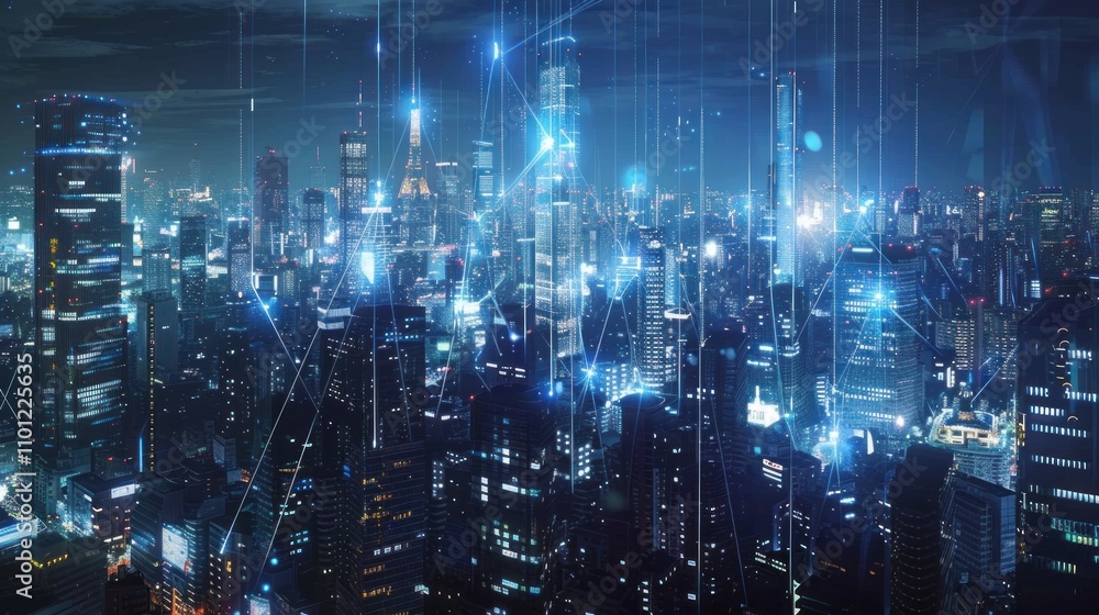 Fototapeta premium Night View of a Modern City with Network Connections