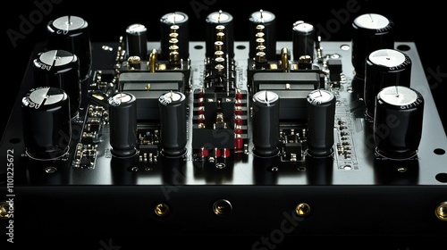 Transistor amplifier PCB, with electrolytic capacitors, transistors mounted on black heatsinks of resistors and diodes background wallpaper AI generated image photo