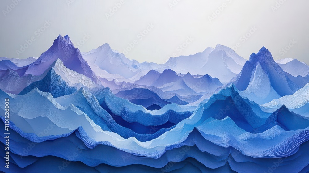 Fototapeta premium A layered paper art representation of mountains and waves in shades of blue.