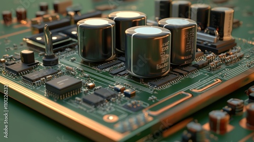 Transistor PCB macro with powerful transistors capacitors large enough for power control background wallpaper AI generated image