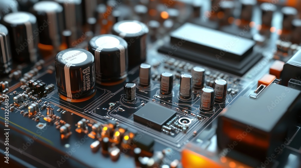 Transistor PCB macro with powerful transistors capacitors large enough for power control background wallpaper AI generated image Transistor PCB macro with powerful transistors capacitors large enough for power control background wallpaper AI generated image