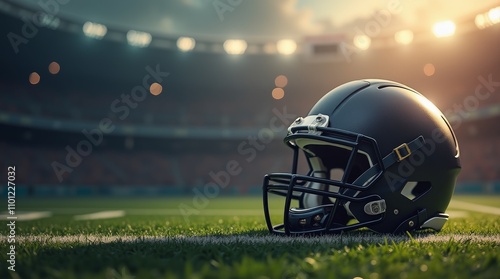American football helmet on grass field in illuminated stadium at sunset. Sports equipment in a game setting, copy space