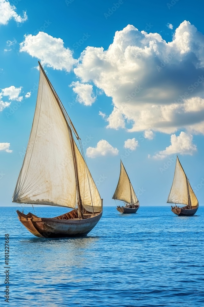 Fototapeta premium Three dhows sail under a bright blue sky.