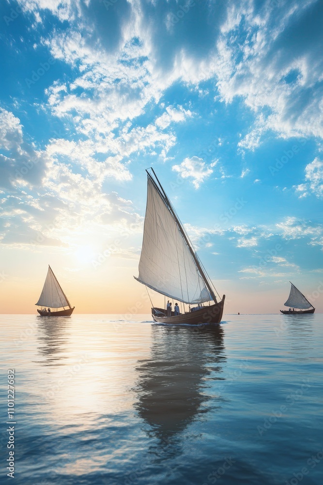 Fototapeta premium Three sailboats at sunset on calm sea.