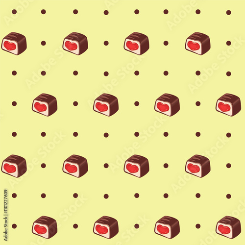 Vector pattern with chocolate candies with heart-shaped filling on yellow background. Bright, sweet seamless vector pattern with chocolate candies for Valentine's Day, birthday, wedding.