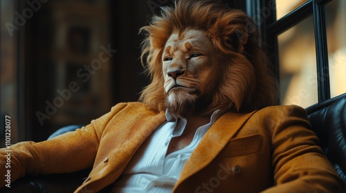 A lion in a suit exudes a sense of power and uniqueness in an upscale setting. photo