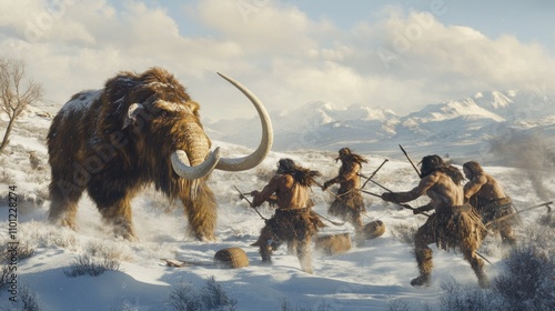 A group of Paleolithic hunter-gatherers working together to hunt a mammoth using spears and traps