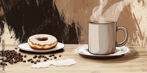 A cozy scene featuring a steaming cup of coffee, a donut, and coffee beans on a table.