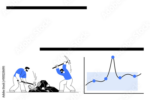 Two figures digging for data alongside graph with fluctuating line and points. Ideal for teamwork, data science, analysis, research, collaboration, strategy development. Line metaphor