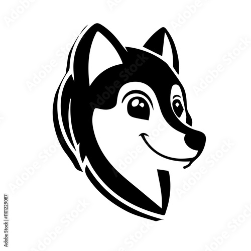 Monochrome cartoon husky dog head smiling