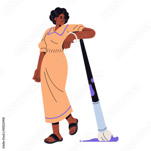 Happy black girl leans on paintbrush. Artist holds big brush with paint. Tiny people with stationery for painting art. Creativity concept. Flat isolated vector illustration on white background