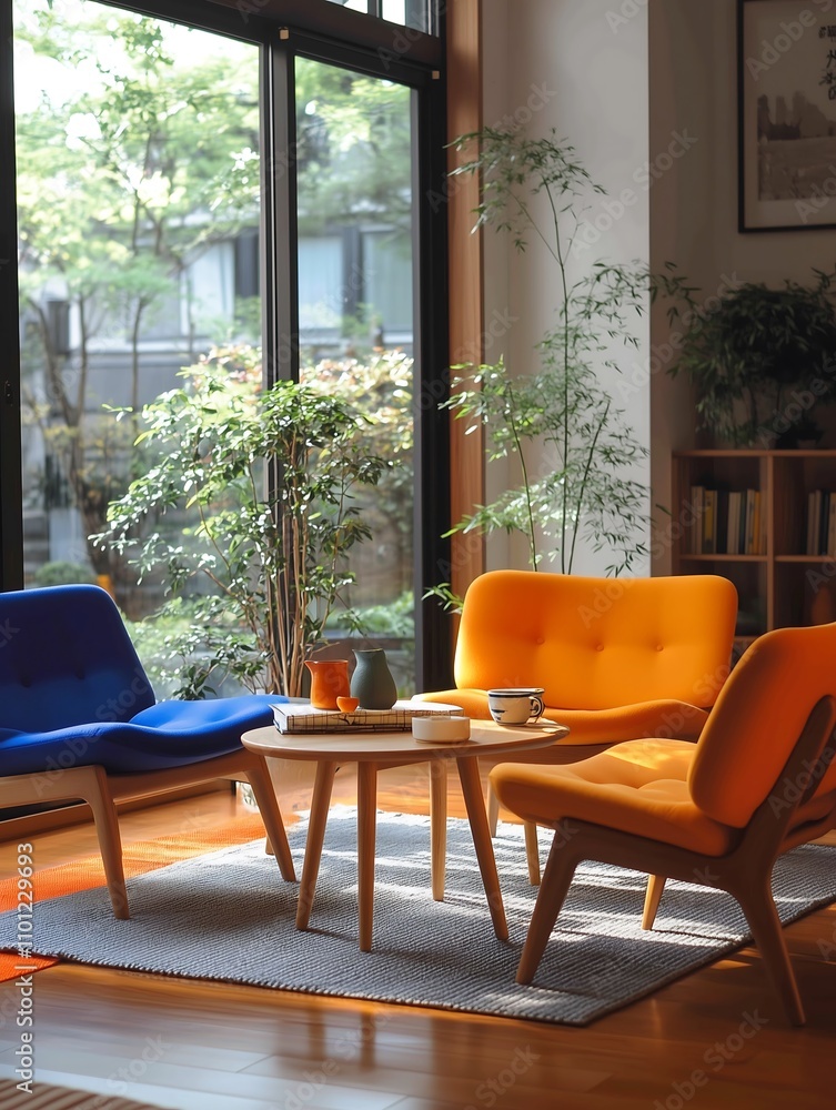 Fototapeta premium A minimalist Japanese style interior design of a modern and stylish living room with brightly colored chairs such as orange, blue, and yellow.