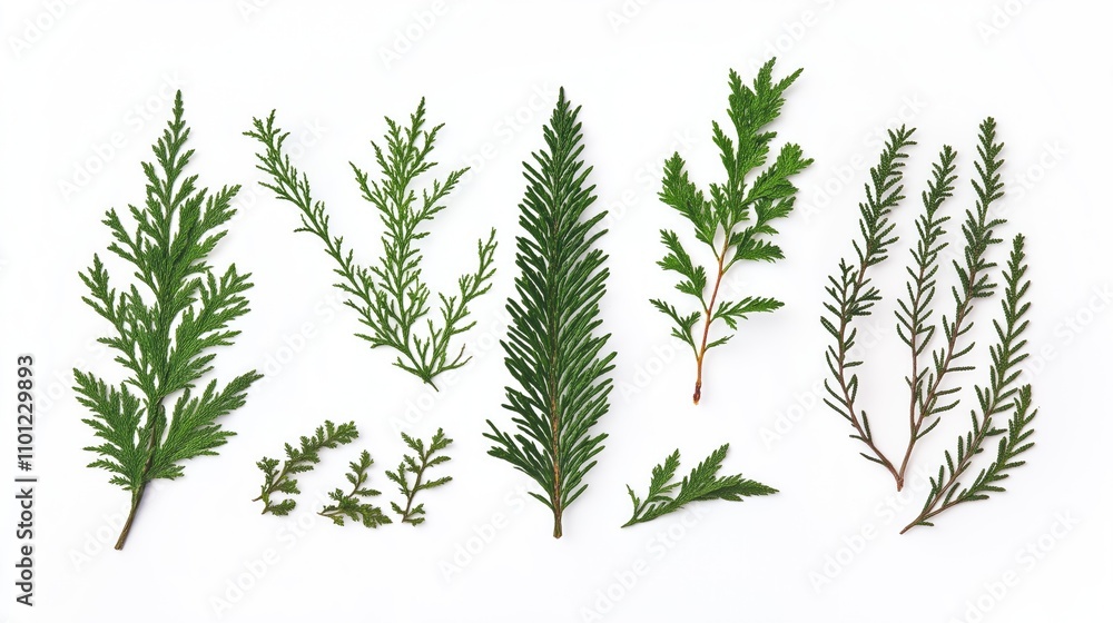Fototapeta premium Top View of Green Pine Tree Branches on White Background, Ideal for Seasonal, Festive, and Eco-Friendly Creative Projects.