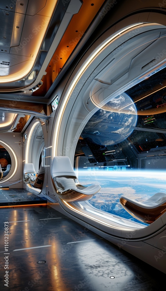 Fototapeta premium Futuristic interior showcasing modern aircraft design with elegant aesthetics and mars view