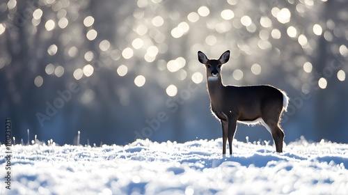 Fototapeta Naklejka Na Ścianę i Meble -  The silhouette of a deer standing in an open snowy field under the soft glow of the moon