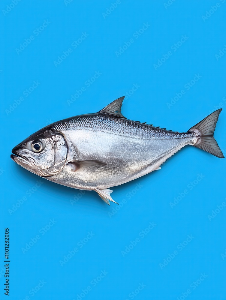 Obraz premium Fresh silver fish culinary showcase kitchen bright blue environment top view healthy eating concept