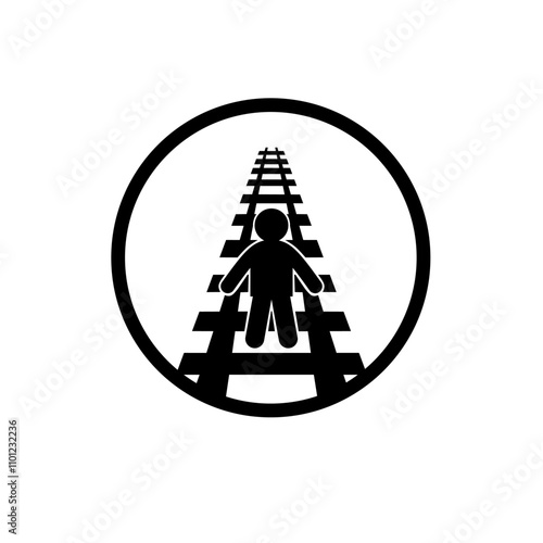 Vector illustration of a minimalist white icon of a person walking or standing on train tracks in a circle. Symbolizing travel, decision making, and direction.