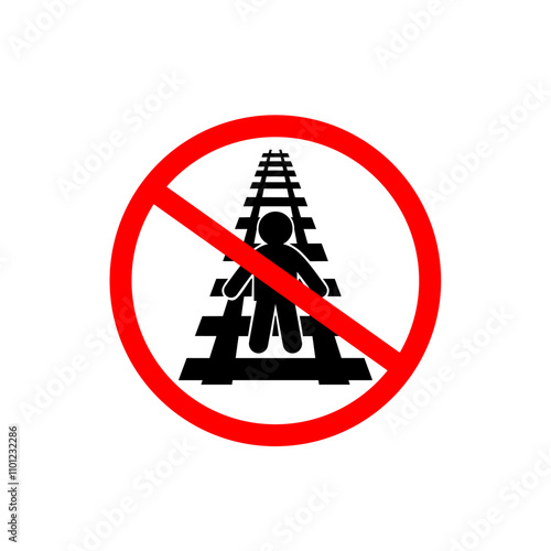 Vector illustration of a symbol icon prohibiting walking or standing on railroad tracks. emphasizes safety awareness and prohibition of walking on railroad tracks.