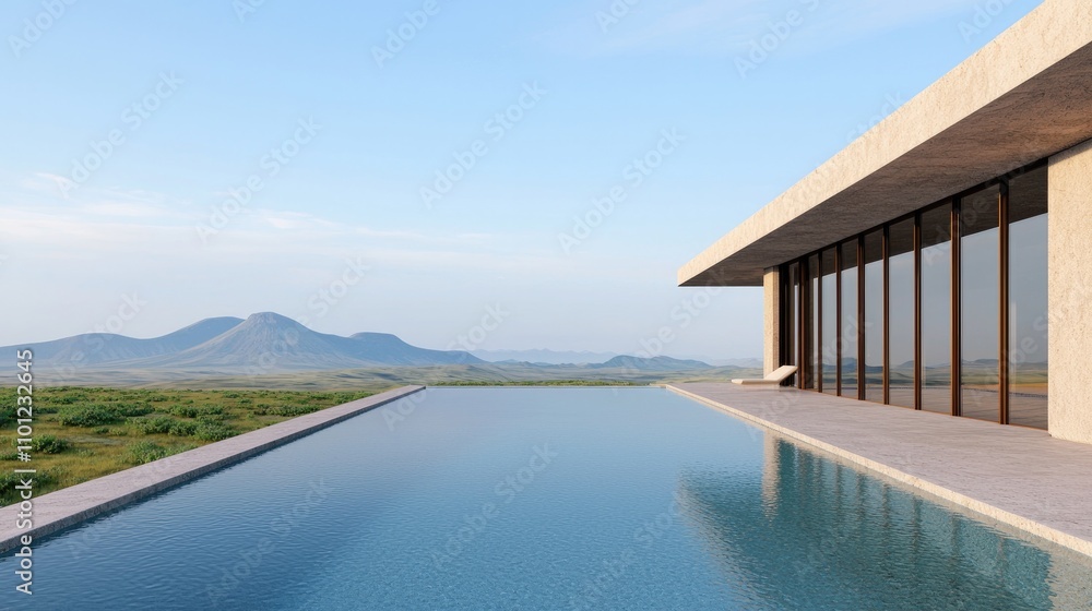 Fototapeta premium A modern villa features a serene infinity pool with stunning views of distant hills under a clear sky.