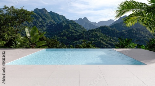 A serene outdoor pool overlooks lush mountains, surrounded by tropical greenery, creating a tranquil retreat in nature.