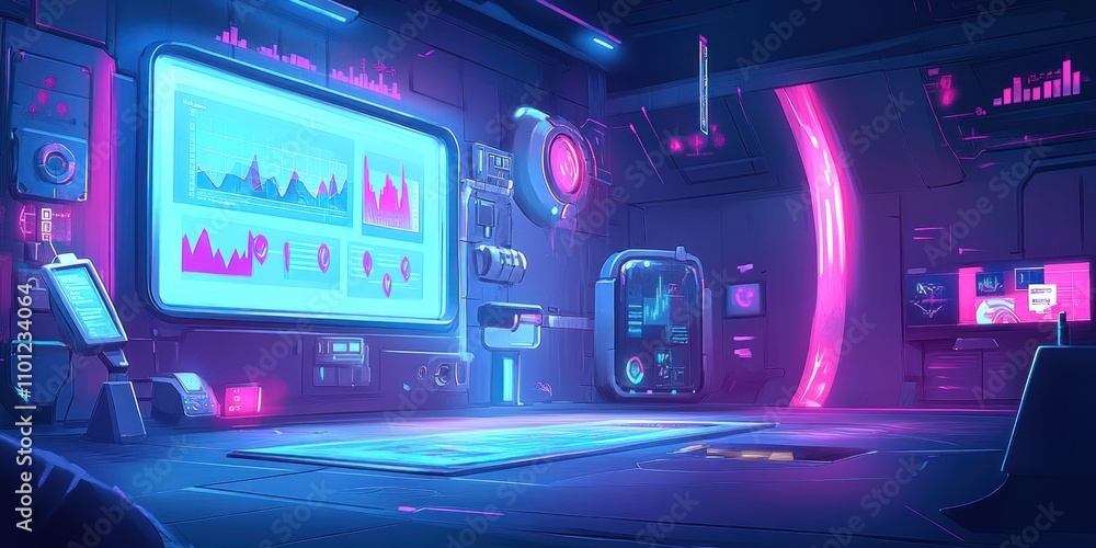 Obraz premium A futuristic control room with digital displays and neon lighting, designed for data analysis.