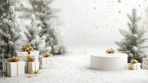 Christmas tree with white snowdrift,snowflakes,snow land,podium with bauble,Christmas theme stage podium mock up for product placement,Happy New Year. Celebrate party,Xmas Poster,web banner,festive.