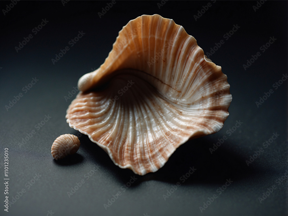 Large seashell with a smaller one beside it. Both are on a dark surface Large seashell with a smaller one beside it. Both are on a dark surface