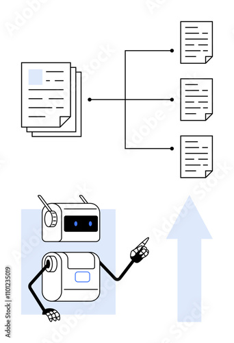 Robot points, documents organized in flowchart. Ideal for data management, AI, automation, organization, efficiency, document processing, workflow optimization Line metaphor