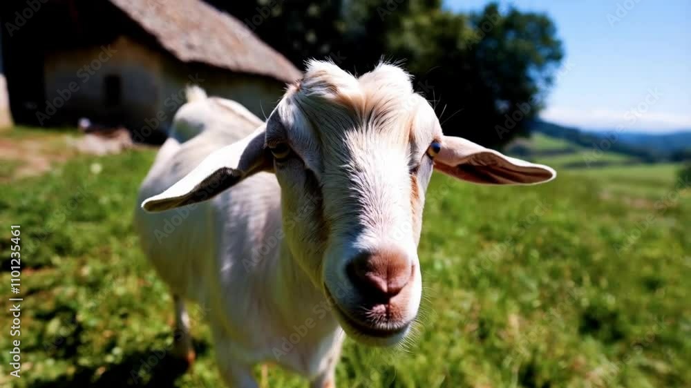 Cute goat on green pasture in village countryside. Concept of livestock agriculture, farming, work on a farm, organic eco farm. Farm animal portrait. Cute goat on green pasture in village countryside. Concept of livestock agriculture, farming, work on a farm, organic eco farm. Farm animal portrait.