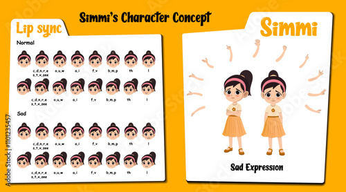 A sad girl cartoon character AKA Simmi, little girl cartoon vector. Sad face expressions and lip sync. Set of cute girl with various hand gesture and front and 1/3 standing pose.