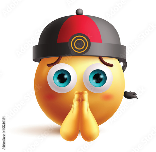 Chinese emoji clipart character. Pleading chinese emoji 3d character in sorry, begging and please hand gesture wearing traditional hat graphic elements. Vector illustration pleading emoticon clip art.