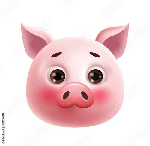 Pig emoji 3d clipart character. Emoji pig character in rosy blush cheeks, cute smile, adorable eyes, happy face and shy facial expression pink graphic elements. Vector illustration piglet emoticon 